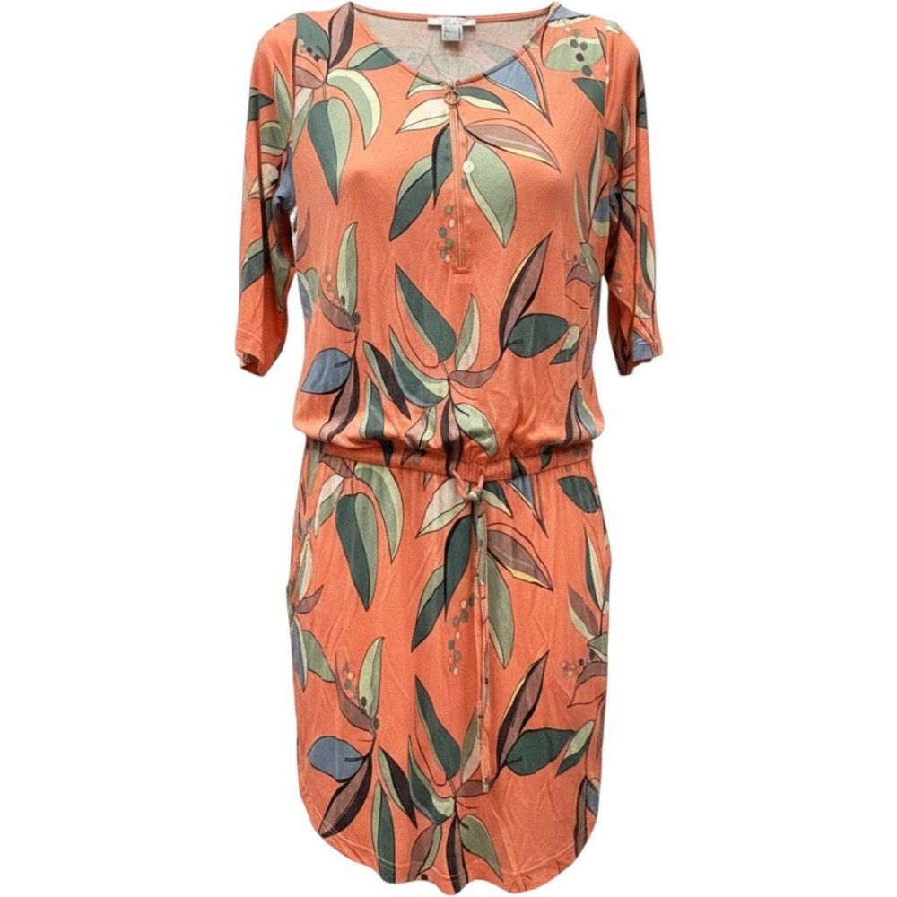 Venus Womens Coral Orange Tropical Leaf Print Zip Neck Drawstring Waist Dress M